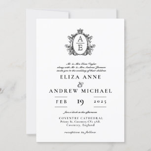 Convite Regency Crest Monograma Casamento Preto e Branco