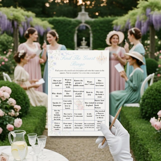 Convite Regency Encontre o Jogo de Bingo de Chuveiro de No (Regency Find the Guest Bridal Shower Bingo game)