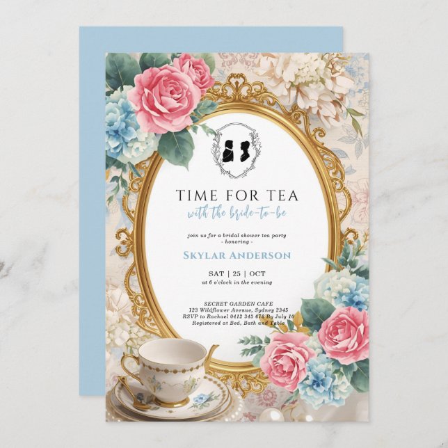 Convite Regency Floral Tea Party bridal shower  (Frente/Verso)