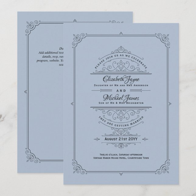 Convite Regency Wedings Invtions Vintage Dusty Blue (Frente/Verso)