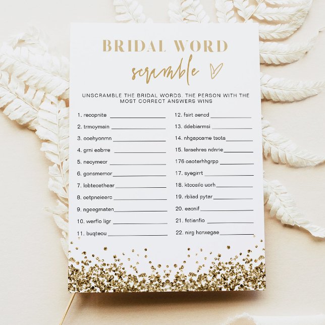 Convite REGINA Dourado Lantejoulas Chuva de Bebê Noiva Pal (Faux Gold Sequins Word Scramble Bridal Shower Game Cards)