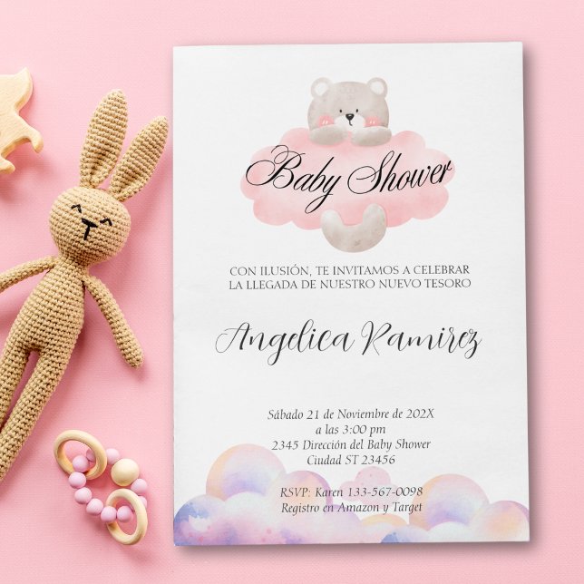 Convite Registro do Tema da Nuvem do Urso do Chá de fralda (Spanish Baby Shower Bear Theme Cloud Gift Registry Invitation)