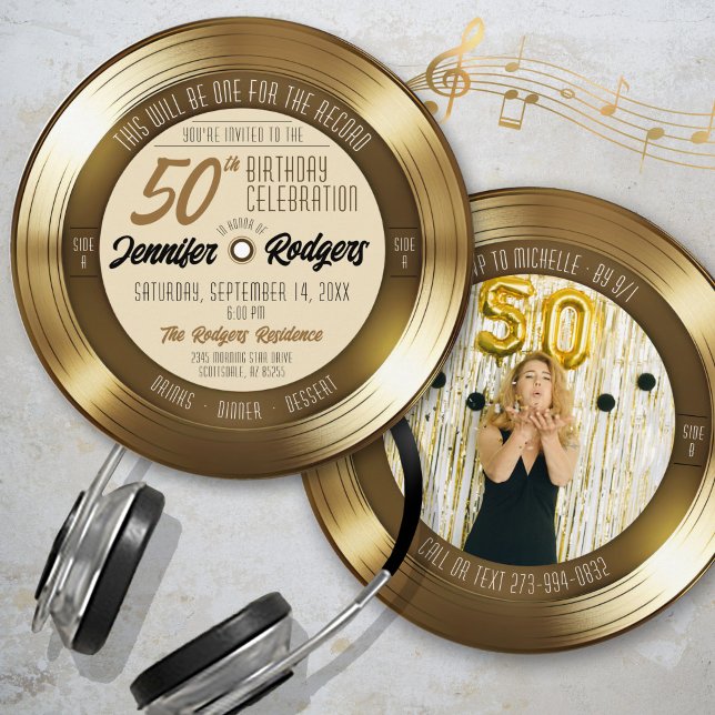 Convite Registro Dourado de vinilo retrô - Festa de aniver (round circle shape retro gold vinyl record 50th birthday party photo invitation gold and black theme)