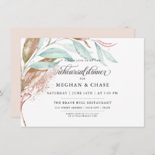 Convite REHEARSAL   Coral Cobre Aqua Watercolor Foliage