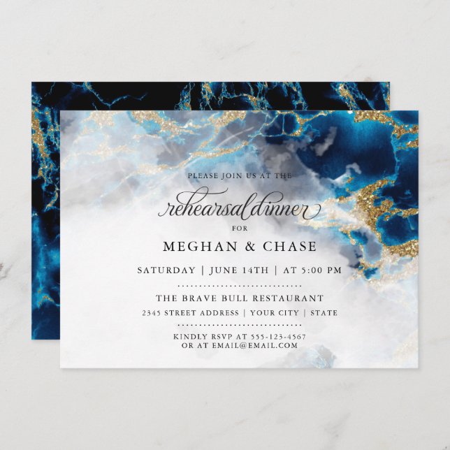 Convite Rehearsal Dinner | Blue Sapphire Watercolor Geode (Frente/Verso)