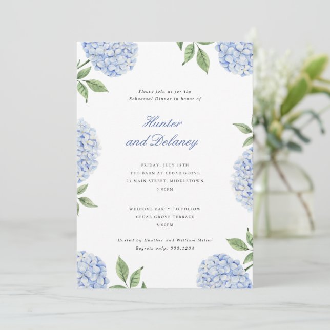 Convite Rehearsal Dinner Classic Blue Hydrangea Flower (Em pé/Frente)