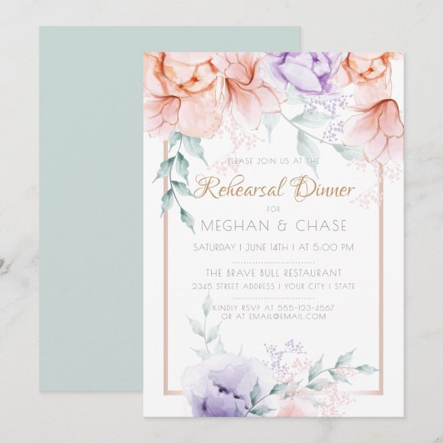 Convite Rehearsal Dinner | Coral/Pêonias Aquáticas Lilátic (Frente/Verso)