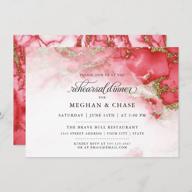 Convite Rehearsal Dinner | Geodo de Aquarela Coral Moderno (Frente/Verso)