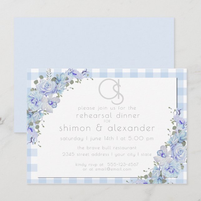 Convite Rehearsal Dinner | Monograma Azul Gingham Floral (Frente/Verso)