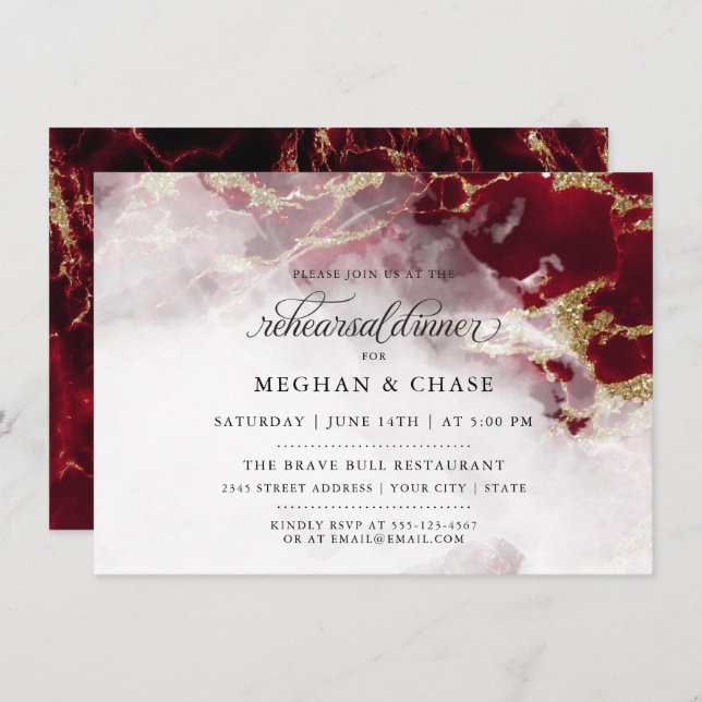 Convite Rehearsal Dinner | Red Ruby Watercolor Geode (Frente/Verso)