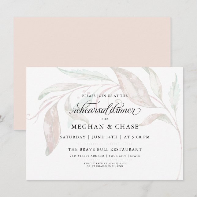 Convite REHEARSAL | Folhagem de Aquarela Pastel Pálida (Frente/Verso)