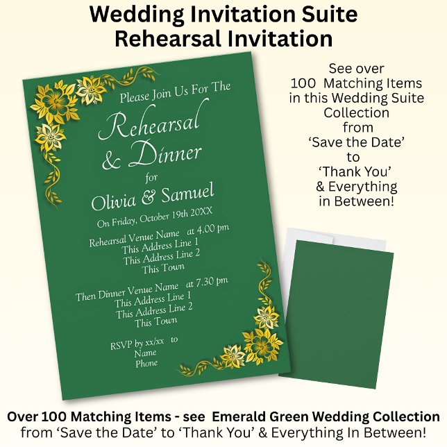 Convite Rehearsal Invitation Card Emerald Green & Gold (Criador carregado)