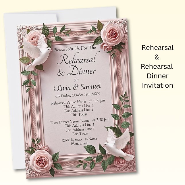 Convite Rehearsal Invitation Card Pink Roses & Doves (Criador carregado)