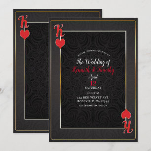 Convite Rei de Copas Preto e Vermelho Carta Casamento Eleg