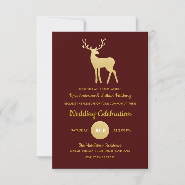 Convite Reindeer Antler Faux Gold Foil| Casamento Elegante (Frente)