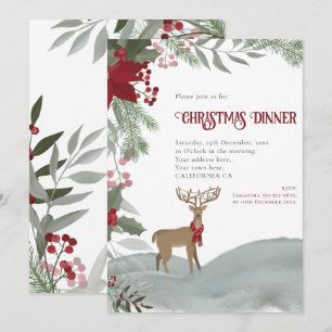 Convite Reindeer de Natal Red Berries Cinza Foliage Neve