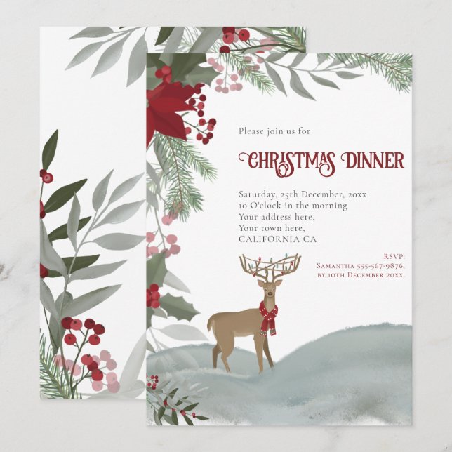 Convite Reindeer de Natal Red Berries Cinza Foliage Neve (Frente/Verso)