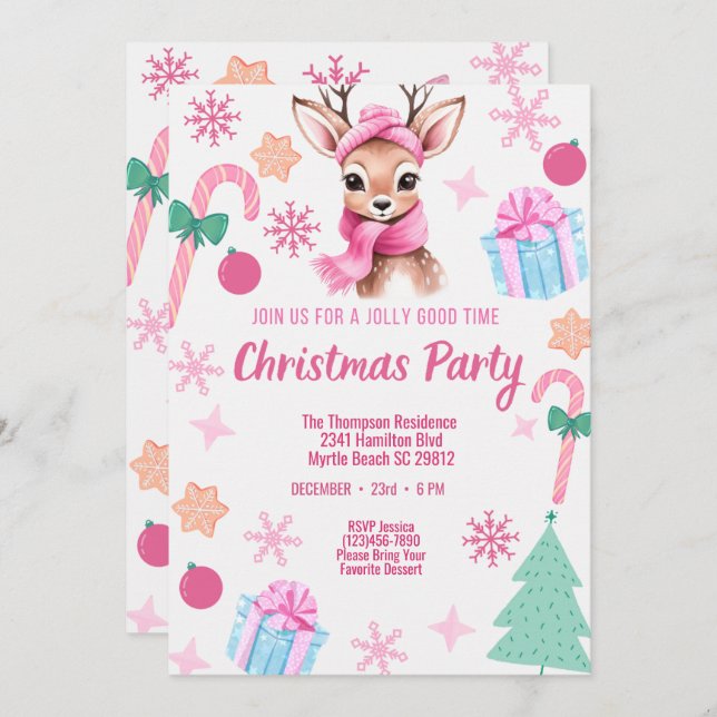 Convite Reindeer Festa de Natal Rosa (Frente/Verso)