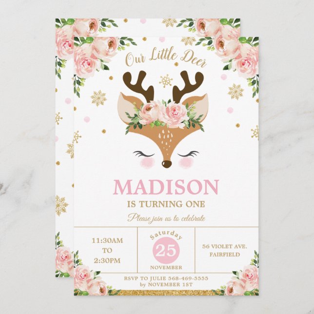 Convite Reindeer Floral Flocos de neve Festa de aniversári (Frente/Verso)