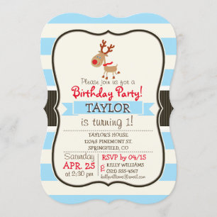 Convite Reindeer Vermelho Nosed; Blue Stripes