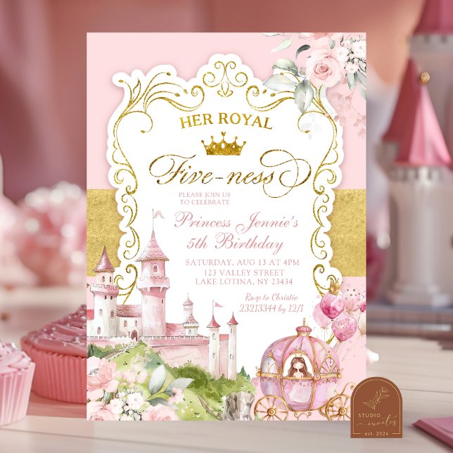 Convite Reino Rosa e Dourado Fiveness Real 5º Aniversário (Criador carregado)
