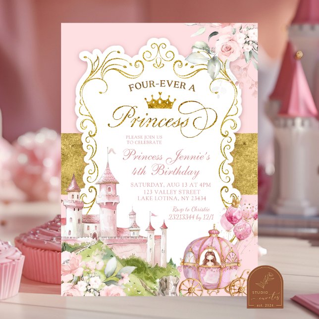 Convite Reino Rosa e Dourado Para Sempre uma Princesa (Criador carregado)