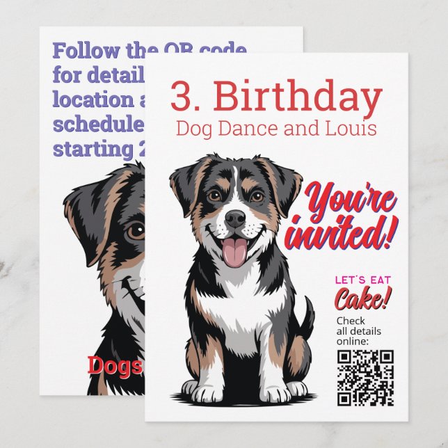 Convite relacionado ao 3º aniversário do cachorro (Frente/Verso)