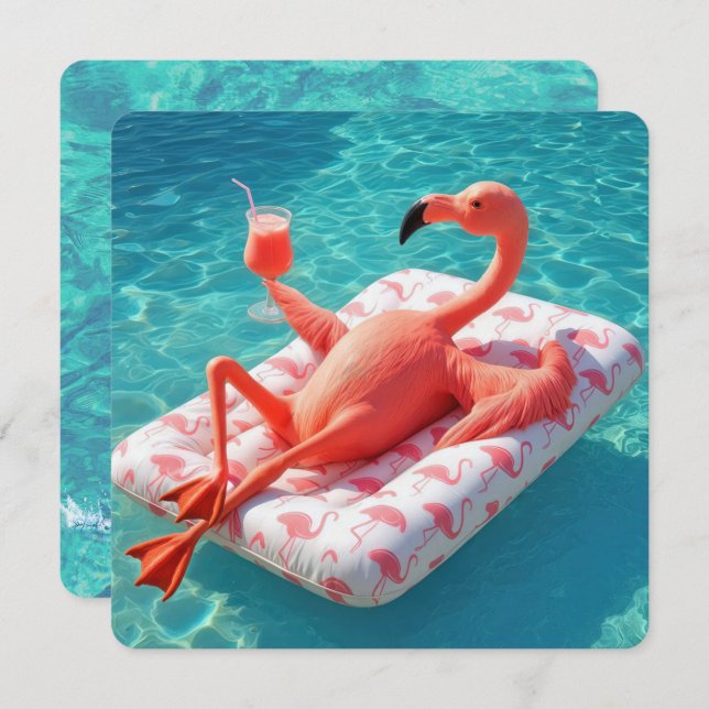 Convite Relaxing Flamingo Floating On a Pool Mattress (Frente/Verso)