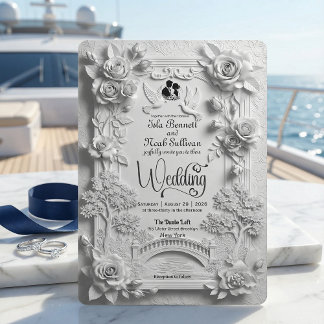 Convite Relevo Floral Rosa Branca 3D Embossed Falso Casame