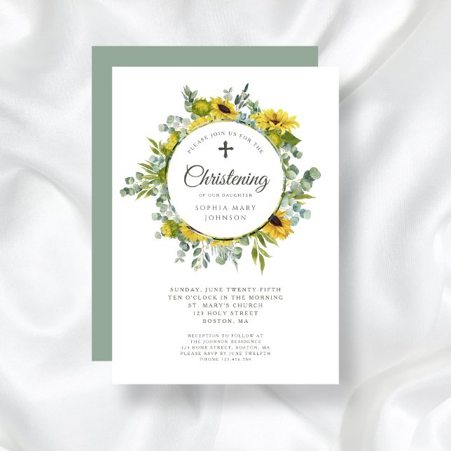 Convite Religião Cruzada Girassol Wreath Christening (Religious Cross Sunflower Wreath Christening Invitation)