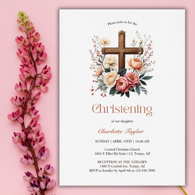 Convite Religião Floral Católica Cruzada Cristã (Religious Floral Catholic Cross Girl Christening Invitation)