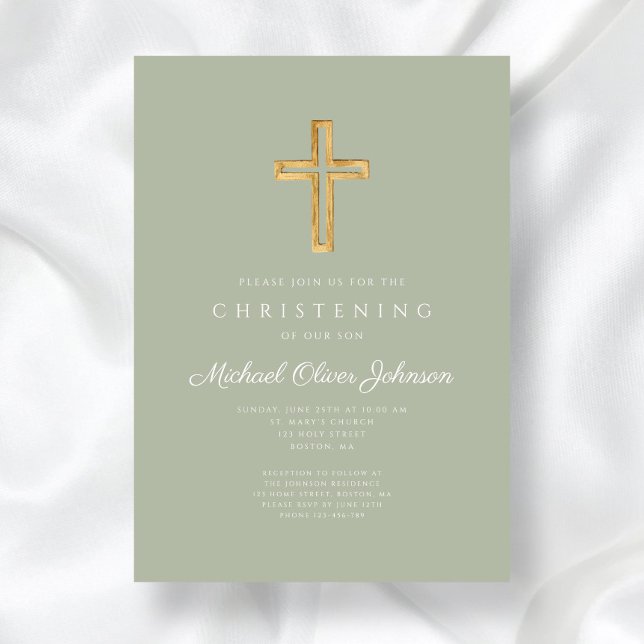 Convite Religião Sage Green Wood Cross Christening (Religious Sage Green Wood Cross Christening Invitation)