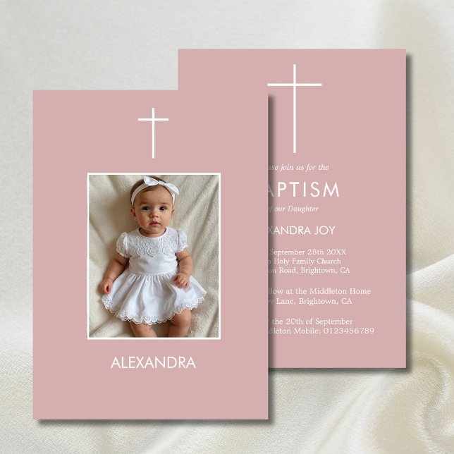 Convite Religiosa Foto Batismo Raparigas Brancas Rosa (Criador carregado)