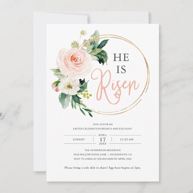Convite Religioso Ele é Risen Páscoa Brunch Caça De Ovo (Frente)