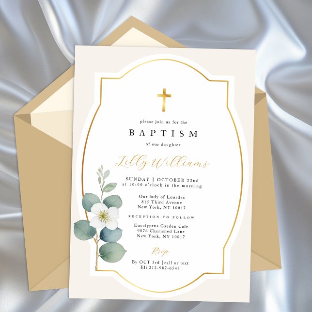 Convite Religioso Elegante do Batismo Dourado Clássico (Elegant Baptism Invitation )