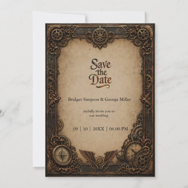 Convite Relógio de engrenagem Steampunk Gótico Casamento  (Frente)