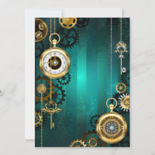 Convite Relógio de Joia Steampunk em um Fundo Verde