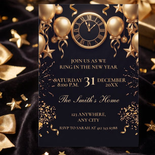 Convite Relógio Preto e Dourado Contagem Regressiva Festa