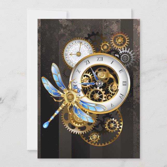Convite Relógio Steampunk com Libélula Mecânica (Frente)