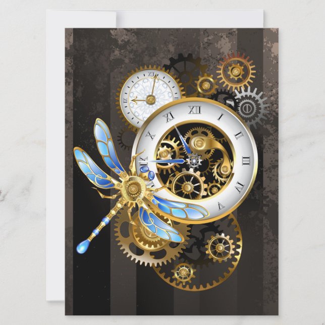 Convite Relógio Steampunk com Libélula Mecânica (Frente)