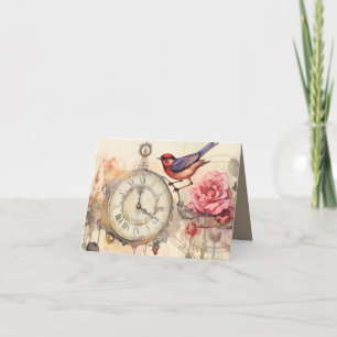 Convite Relógio vintage aquarela atemporal pássaro