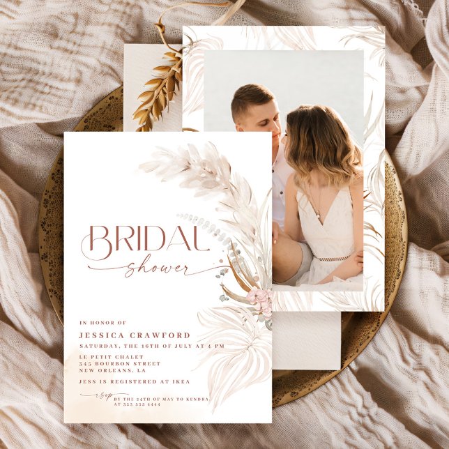 Convite Relva das Pampas Boho Floral Foto Chá de Noiva (Criador carregado)