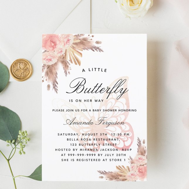 Convite relva-pampas-rosa-borboleta-chá de fraldas (Criador carregado)