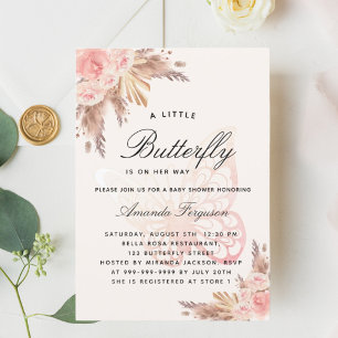 Convite relva-pampas rosa-rosa-borboleta-chá de fraldas