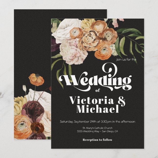 Convite Rembrandt Autumn Fall Floral Dark & Moody Wedding (Frente/Verso)