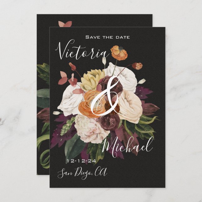 Convite Rembrandt Autumn Floral Salvar a Data Casamento (Frente/Verso)