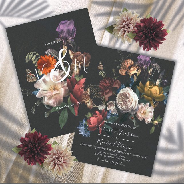 Convite Rembrandt Floral Dark & Moody Wedding Monograma (Criador carregado)