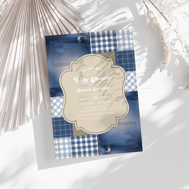 Convite Remendo de Jeans Azul Chic Rustico Festa de Bebê (Denim Patchwork Rustic Chic Blue Jean Baby Shower Invitation)