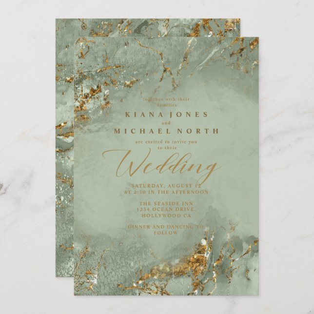 Convite Remy ID644 Marble Glitter Wedding Sage Green (Frente/Verso)