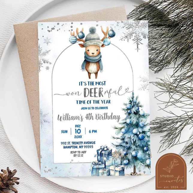 Convite Rena de Natal com Neve Menino de Aniversário (Criador carregado)